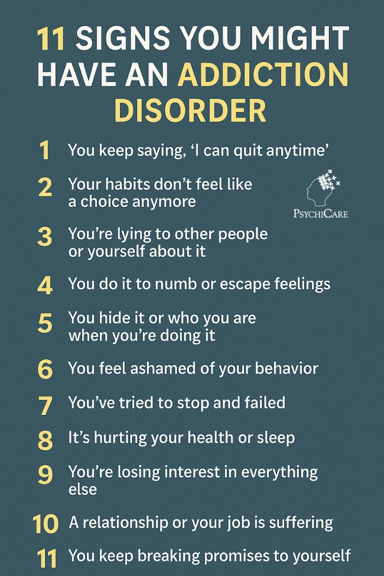 Vertical infographic listing 11 subtle signs of addiction disorder, including emotional withdrawal, hiding behavior, failed attempts to quit, and loss of interest in life; designed for Pinterest and addiction mental health awareness.