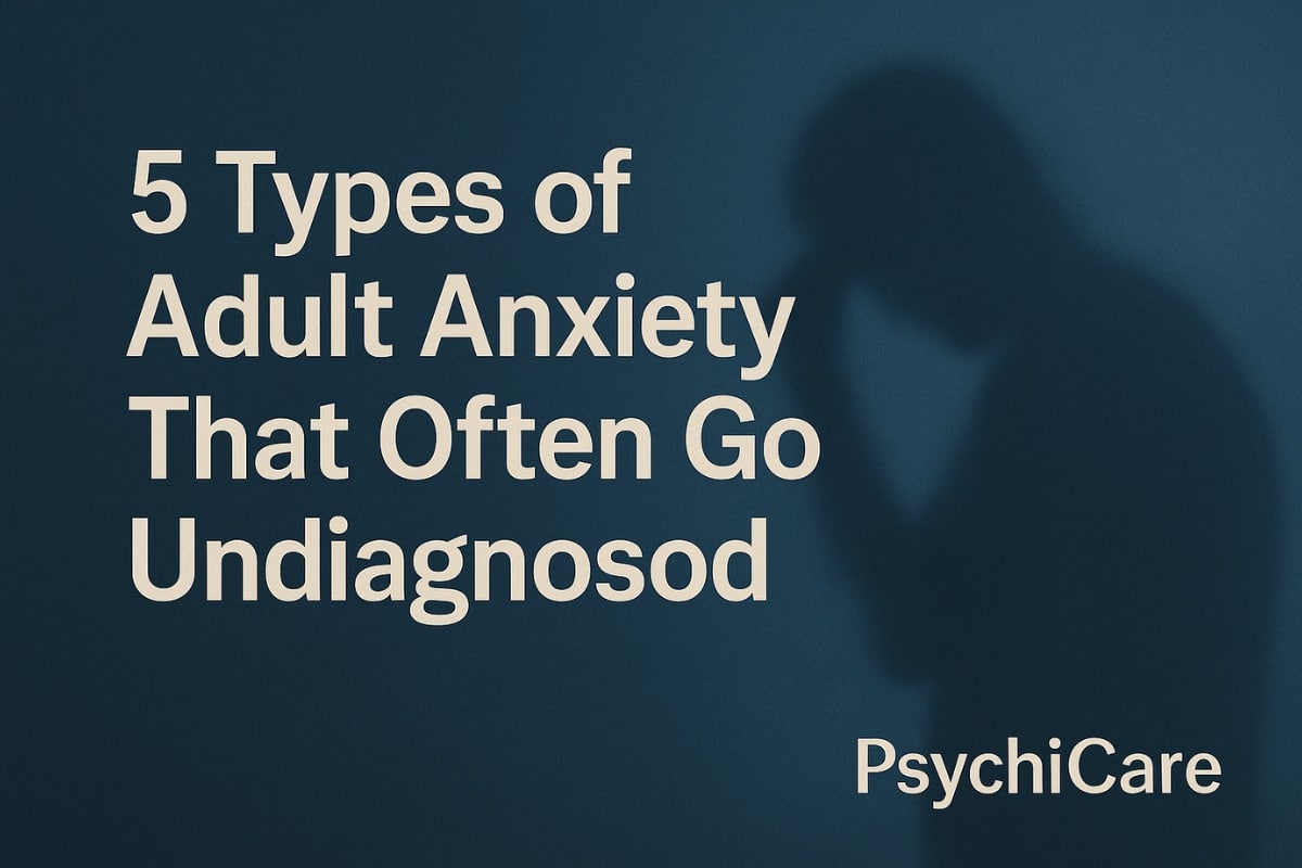Dark-toned feature image with the title “5 Types of Adult Anxiety That Often Go Undiagnosed” and PsychiCare branding, showing a shadowed figure representing emotional stress.