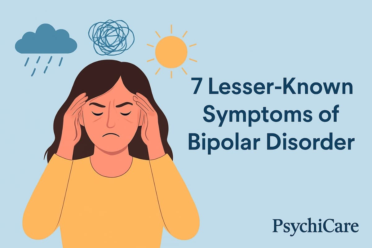 Illustration of a woman holding her head with symbols of sun, rain, and tangled thoughts above her, representing lesser-known bipolar disorder symptoms for a PsychiCare article