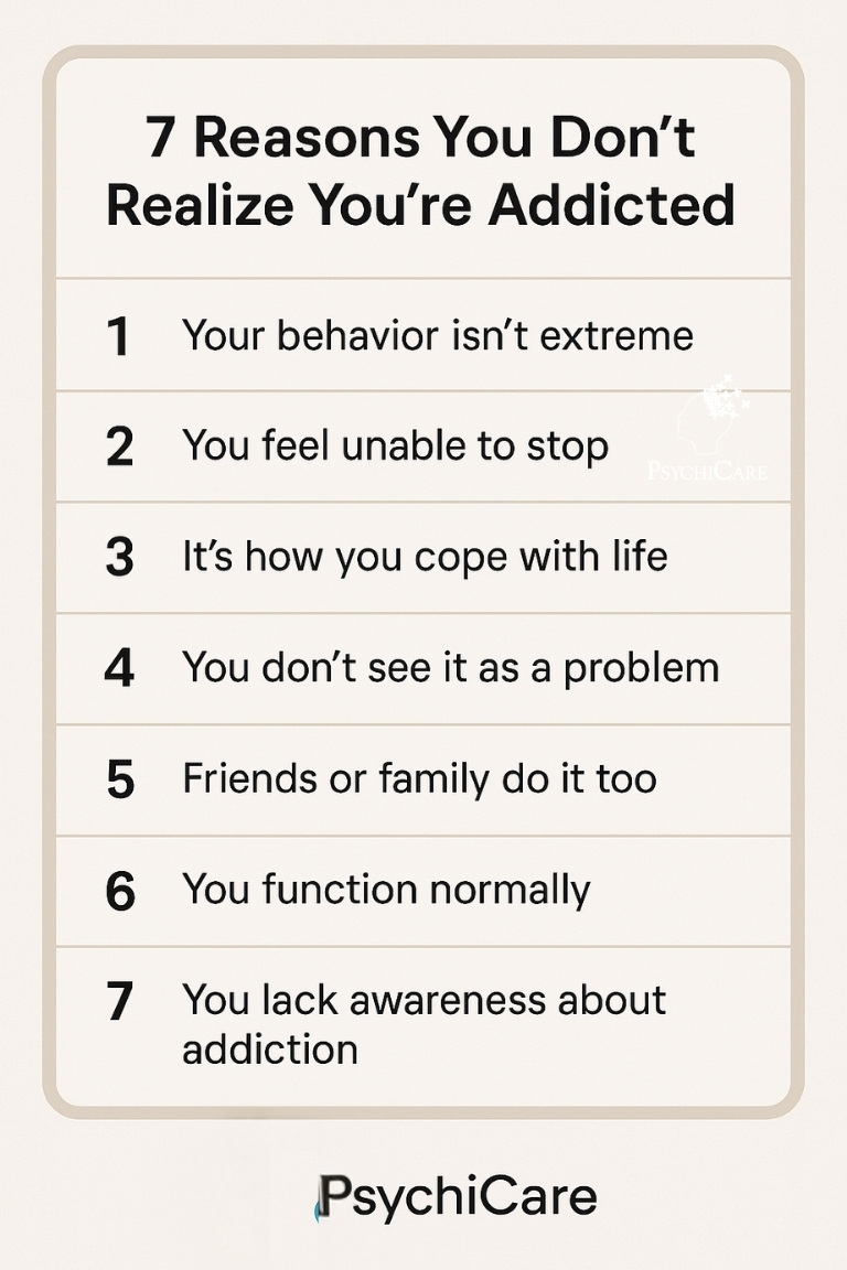 Infographic by PsychiCare listing 7 reasons people don’t recognize addiction disorder in themselves, such as normal-looking behavior, using habits to cope, functioning well, and lack of awareness; clean cream background with modern font and PsychiCare logo.