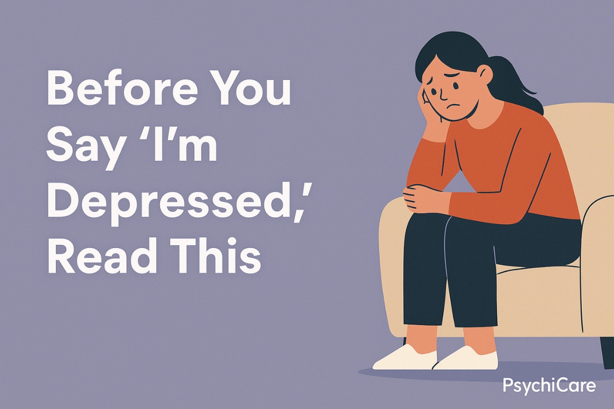 Illustration of a sad woman sitting on a couch with her hand on her face, beside bold text reading “Before You Say ‘I’m Depressed,’ Read This.” PsychiCare logo in bottom corner. Designed for mental health awareness and depression support content.