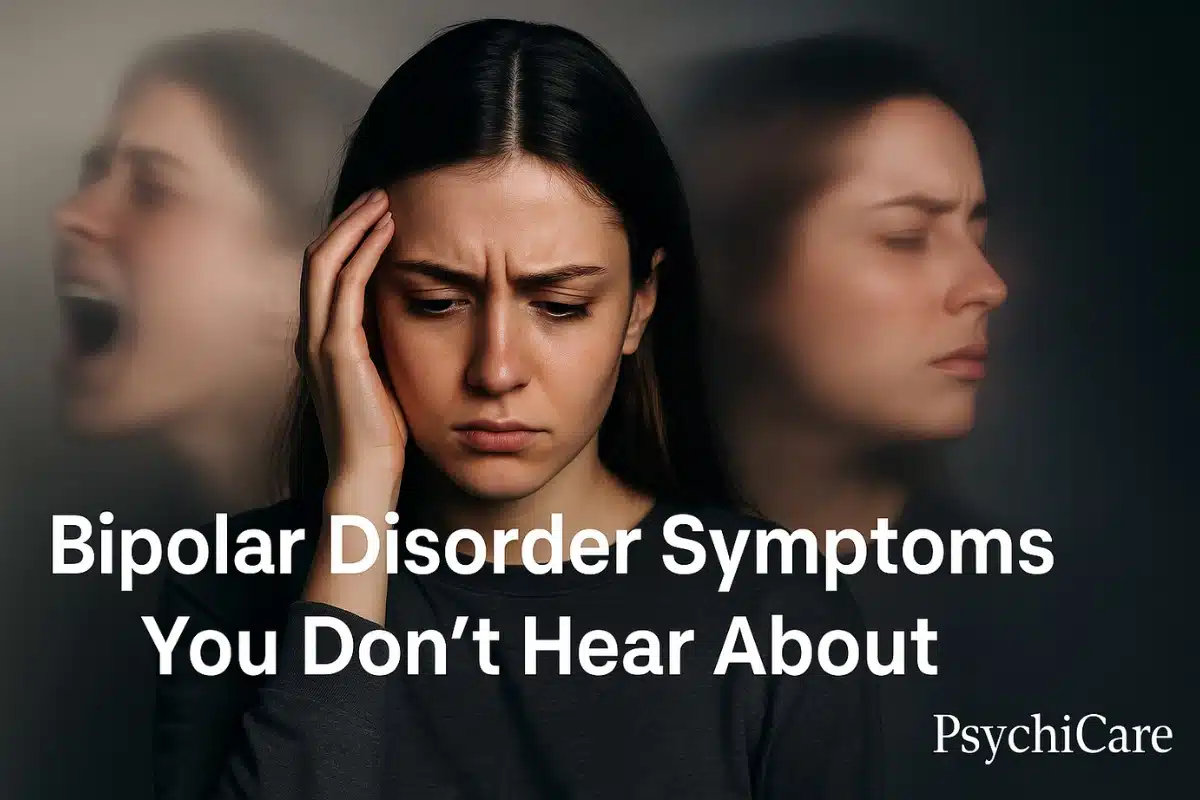 Distressed woman with blurred emotional reflections symbolizing bipolar disorder symptoms, created for PsychiCare article
