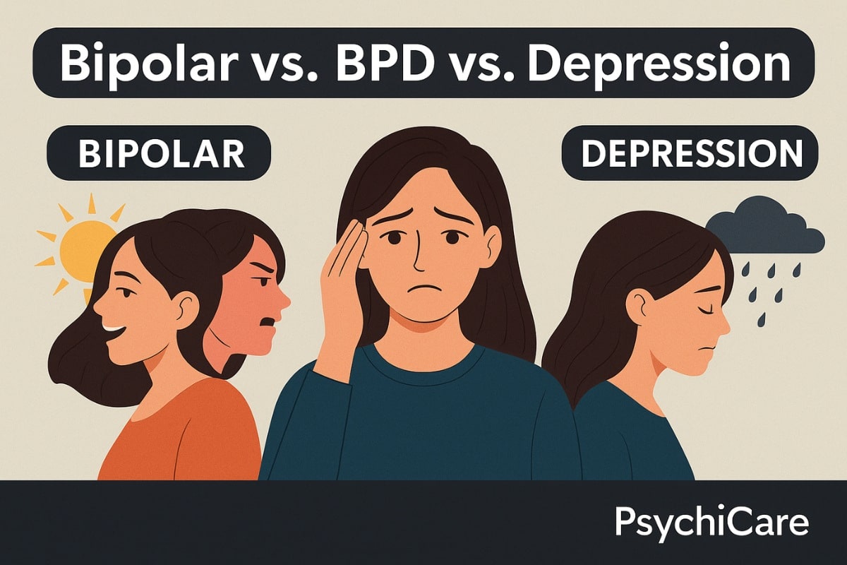 Illustration comparing bipolar disorder, borderline personality disorder, and depression through expressive female faces, with icons like sun and rain, branded for PsychiCare