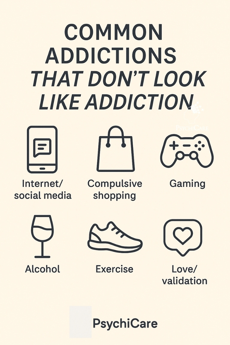Infographic by PsychiCare showing six common behavioral addictions that often go unnoticed, including internet/social media use, compulsive shopping, gaming, alcohol, exercise, and validation-seeking; clean layout with icons on a neutral background.