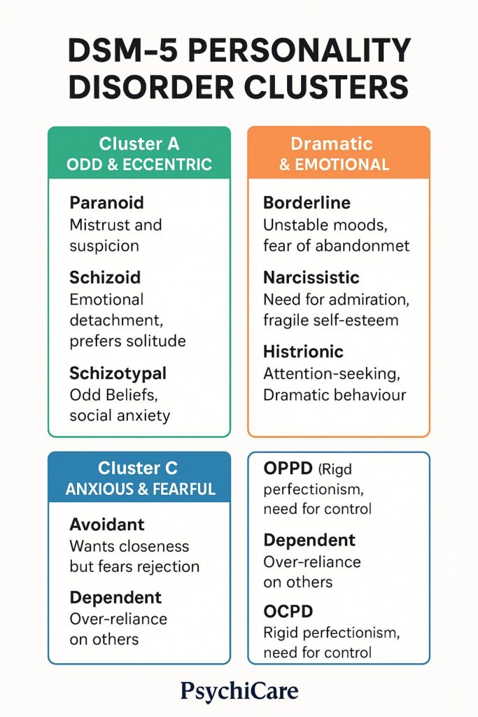 DSM-5 personality disorder clusters A, B, and C infographic by PsychiCare.