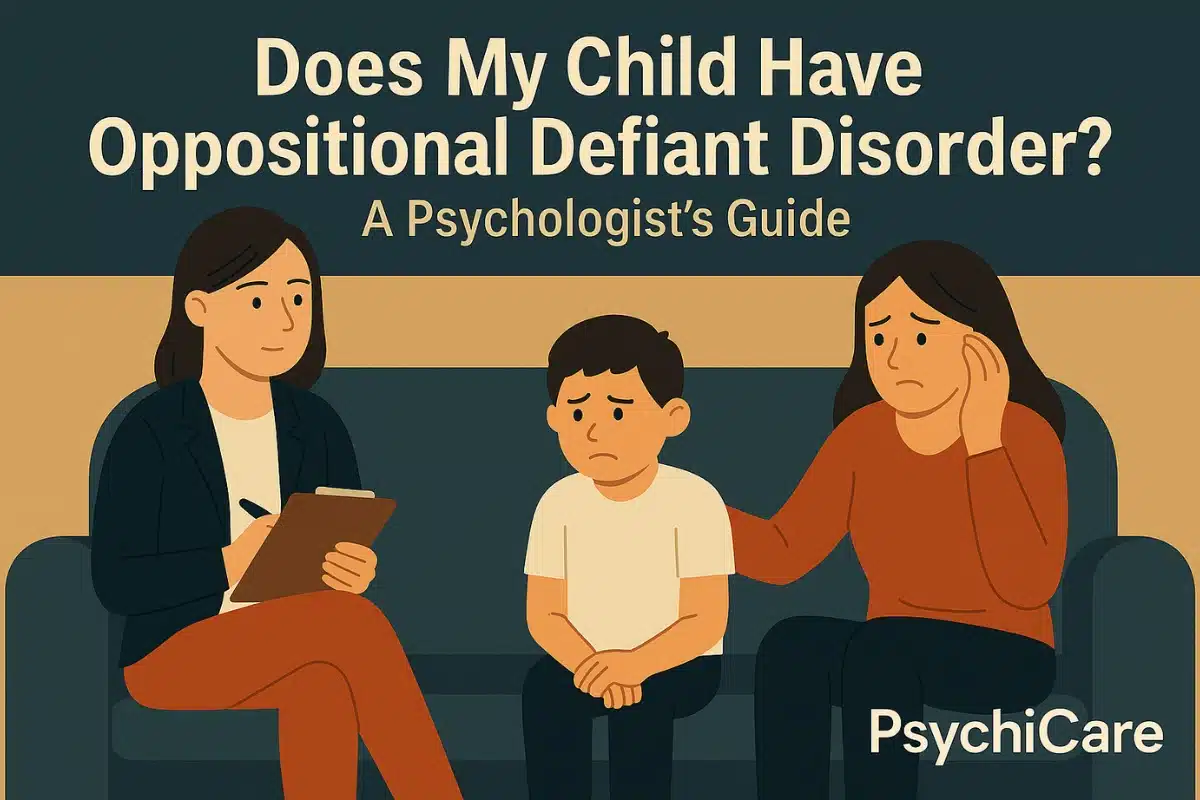 A concerned mother and child sit with a psychologist on a couch, illustrating the emotional struggle of diagnosing oppositional defiant disorder in children — PsychiCare