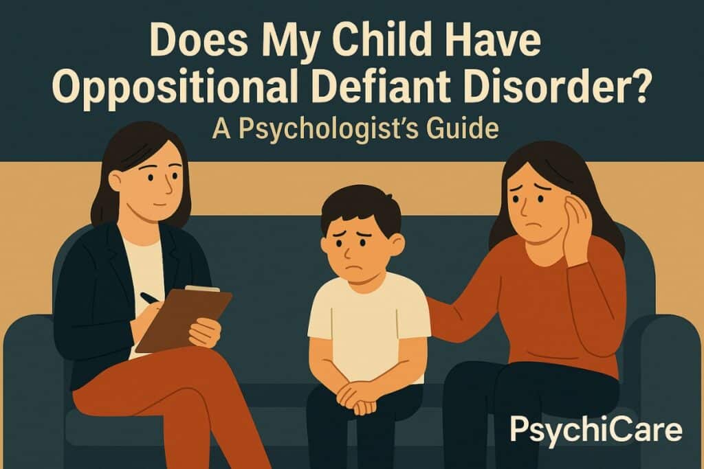 A concerned mother and child sit with a psychologist on a couch, illustrating the emotional struggle of diagnosing oppositional defiant disorder in children — PsychiCare
