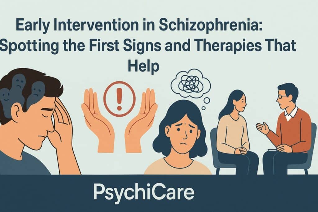 Feature image for PsychiCare article “Early Intervention in Schizophrenia: Spotting the First Signs and Therapies That Help” showing illustrations of early symptoms and therapy support.