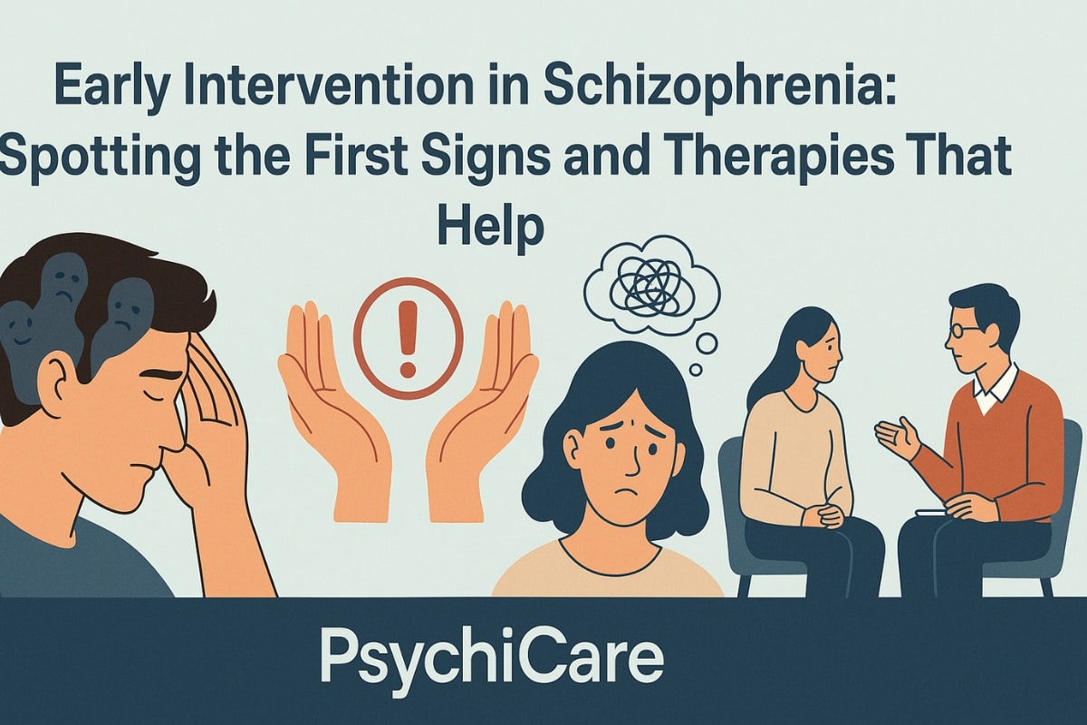 Feature image for PsychiCare article “Early Intervention in Schizophrenia: Spotting the First Signs and Therapies That Help” showing illustrations of early symptoms and therapy support.