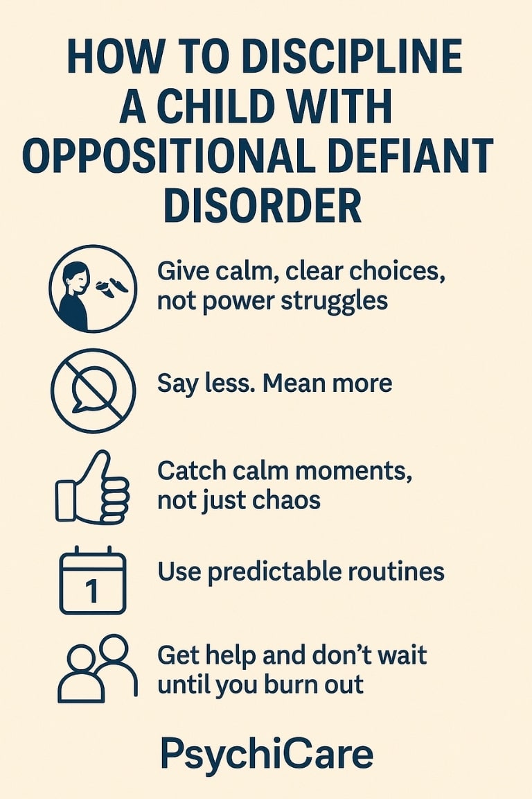 Infographic listing 5 effective ways to discipline a child with oppositional defiant disorder (ODD), including calm choices, short commands, predictable routines, and parental support created by PsychiCare.