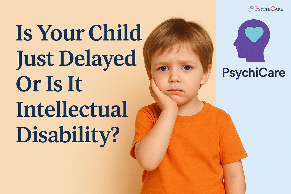 A concerned young boy in an orange shirt looking thoughtful next to the text “Is Your Child Just Delayed Or Is It Intellectual Disability?” with PsychiCare branding on a soft background
