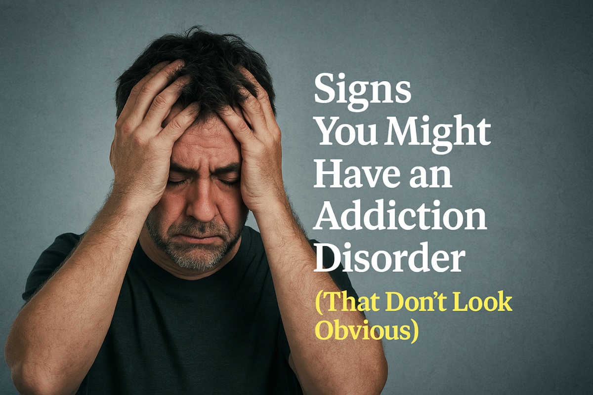 Middle-aged man looking distressed with hands on his head, representing hidden struggles of addiction disorder; feature image for article titled “Signs You Might Have an Addiction Disorder (That Don’t Look Obvious).”