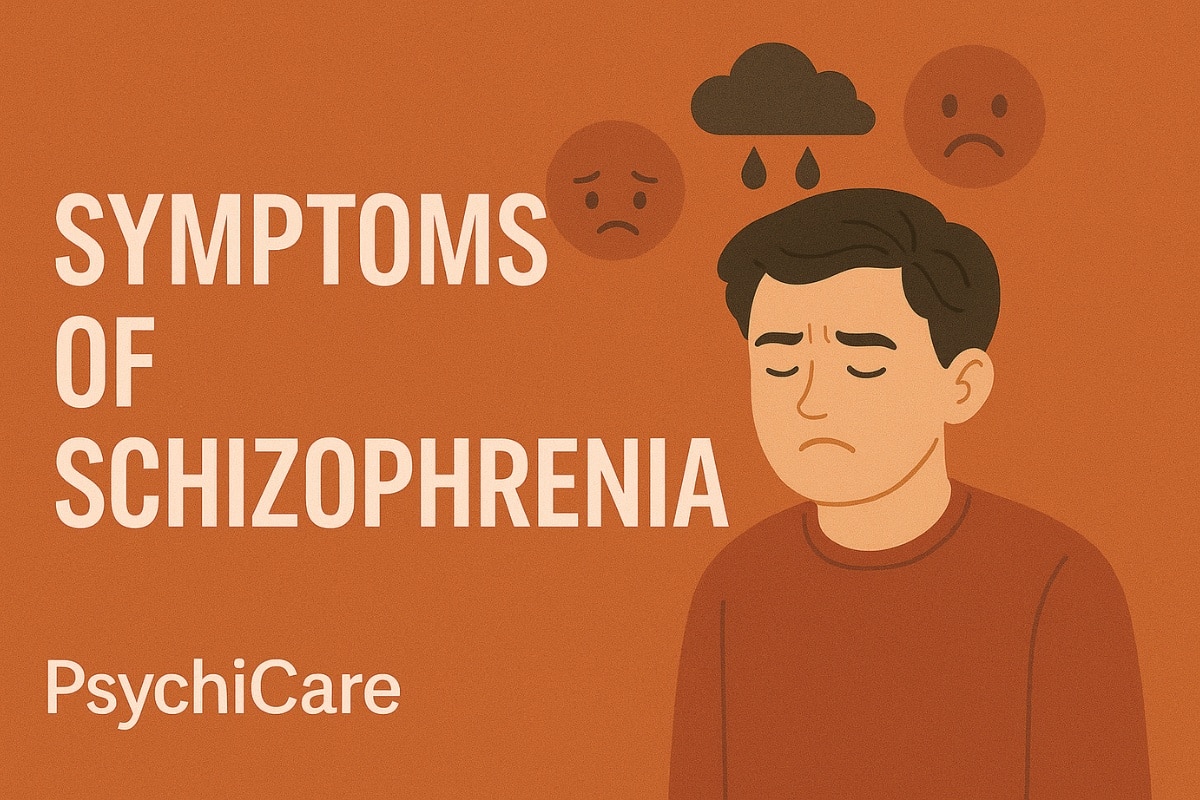 Click-rich feature image with bold text “Symptoms of Schizophrenia” on a dramatic background, showing a distressed man with dark cloud and sad face icons, PsychiCare branding.