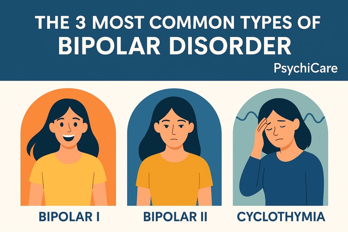Illustration showing three emotional states representing Bipolar I, Bipolar II, and Cyclothymia for a PsychiCare educational article
