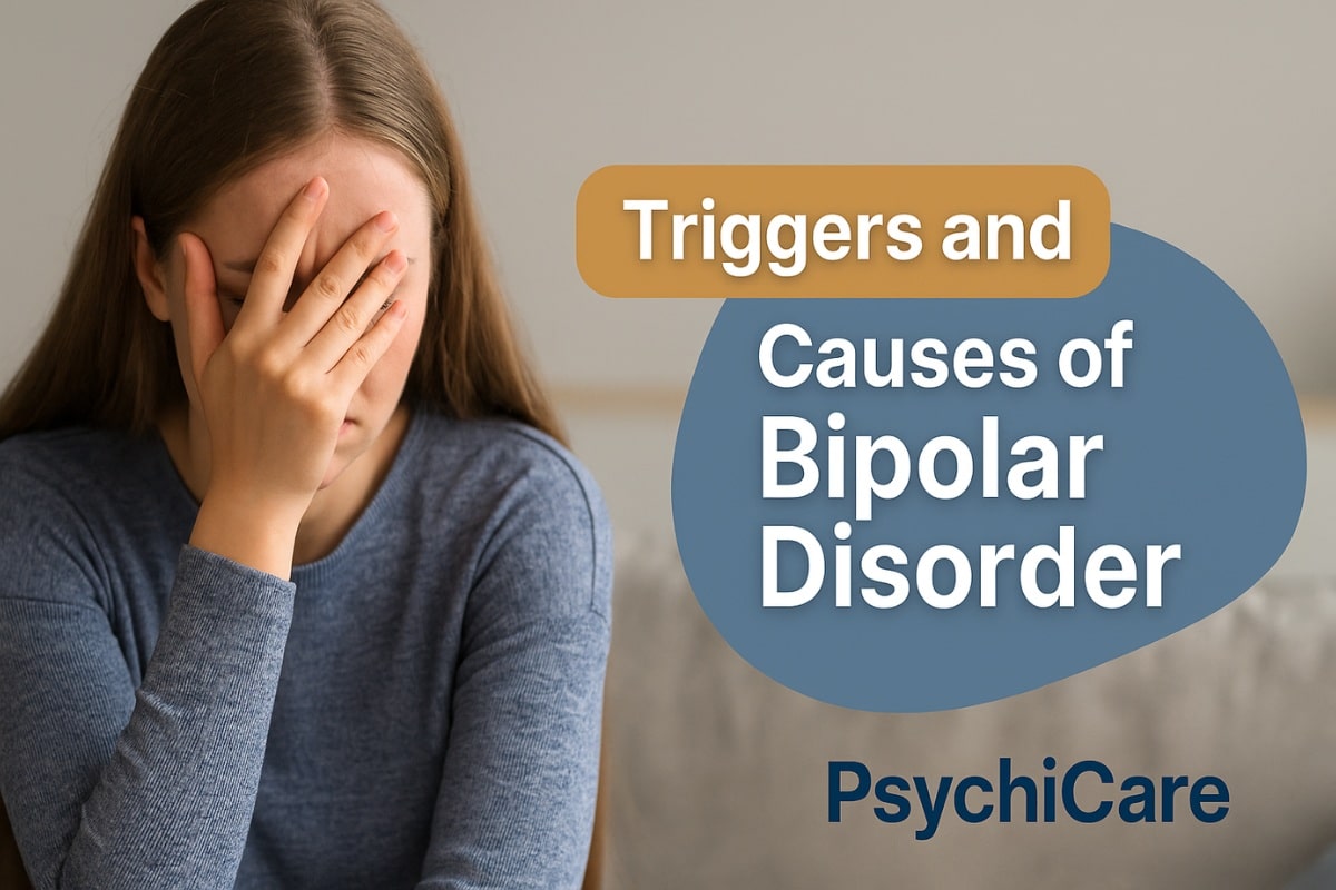 Woman covering her face in distress next to bold text 'Triggers and Causes of Bipolar Disorder' with PsychiCare branding, set against a calm beige background