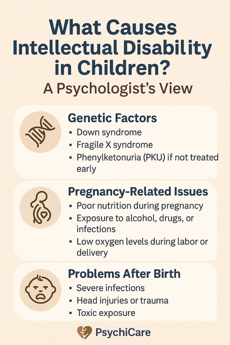 Infographic explaining causes of intellectual disability in children with sections on genetic factors, pregnancy-related issues, and post-birth problems, designed with PsychiCare branding and icons.