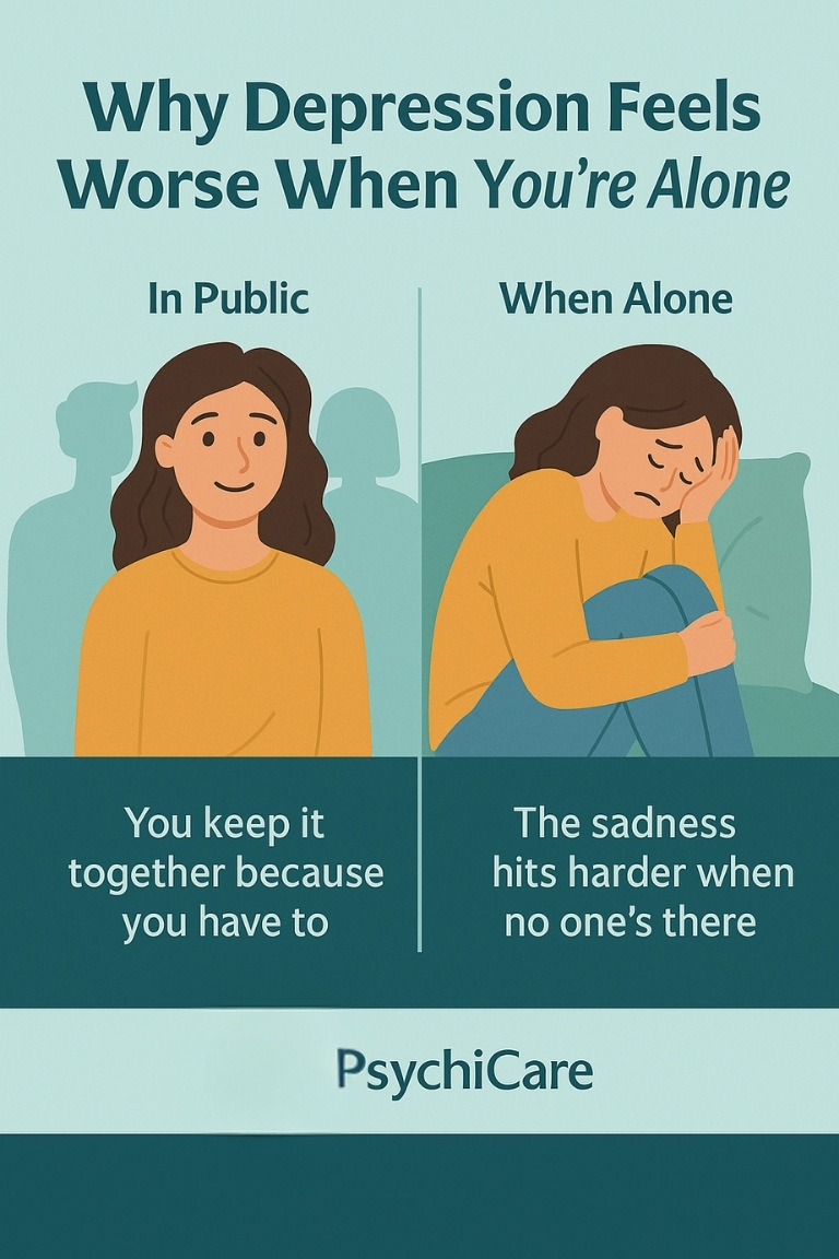 Why Depression Feels Worse When Youre Alone – PsychiCare Side-by-side illustration showing a woman appearing calm in public and visibly sad when alone, with captions explaining how depression often intensifies in isolation. The graphic highlights emotional contrast and features PsychiCare branding at the bottom.