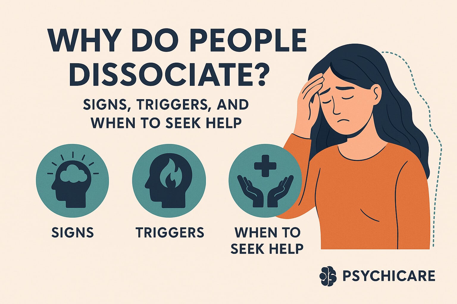 Illustration of dissociation showing a woman with a faded silhouette, highlighting signs, triggers, and when to seek help, created by PsychiCare.
