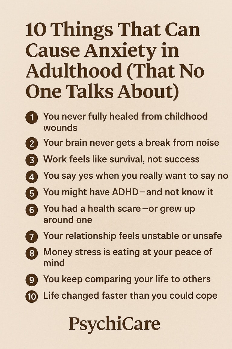 Infographic listing 10 overlooked causes of adult anxiety, including childhood trauma, ADHD, work stress, and money pressure. Designed with a beige background and PsychiCare branding.