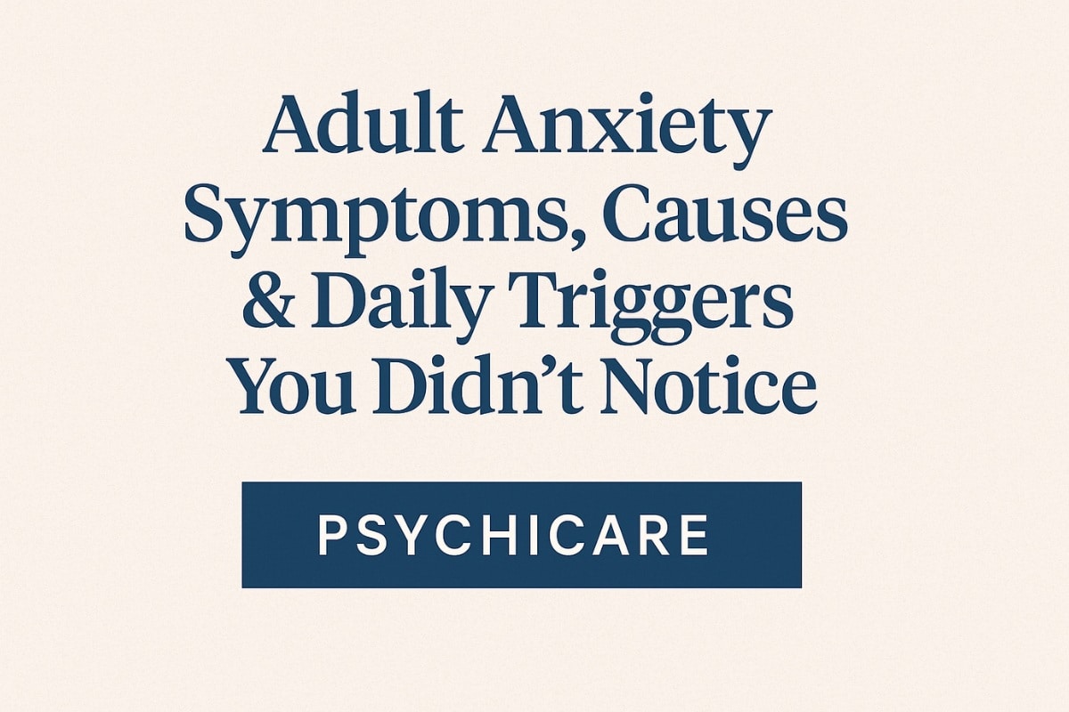 Feature image with title “Adult Anxiety Symptoms, Causes & Daily Triggers You Didn’t Notice” and PsychiCare branding on a light background.