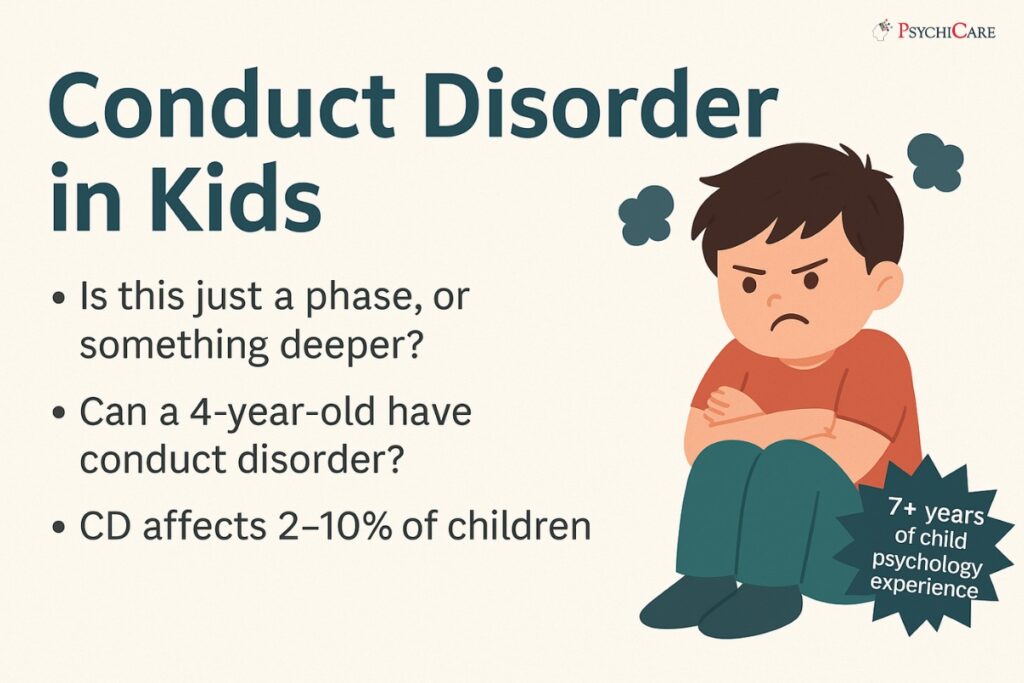 PsychiCare image about conduct disorder in children showing early signs, symptoms, and when to seek help for aggressive or defiant behavior in kids