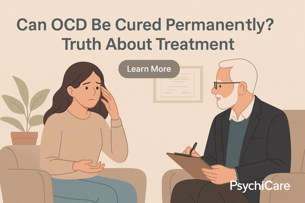 Illustration of a therapy session showing a concerned woman speaking with a male therapist, with the text “Can OCD Be Cured Permanently? Truth About Treatment,” a Learn More button, and PsychiCare branding.