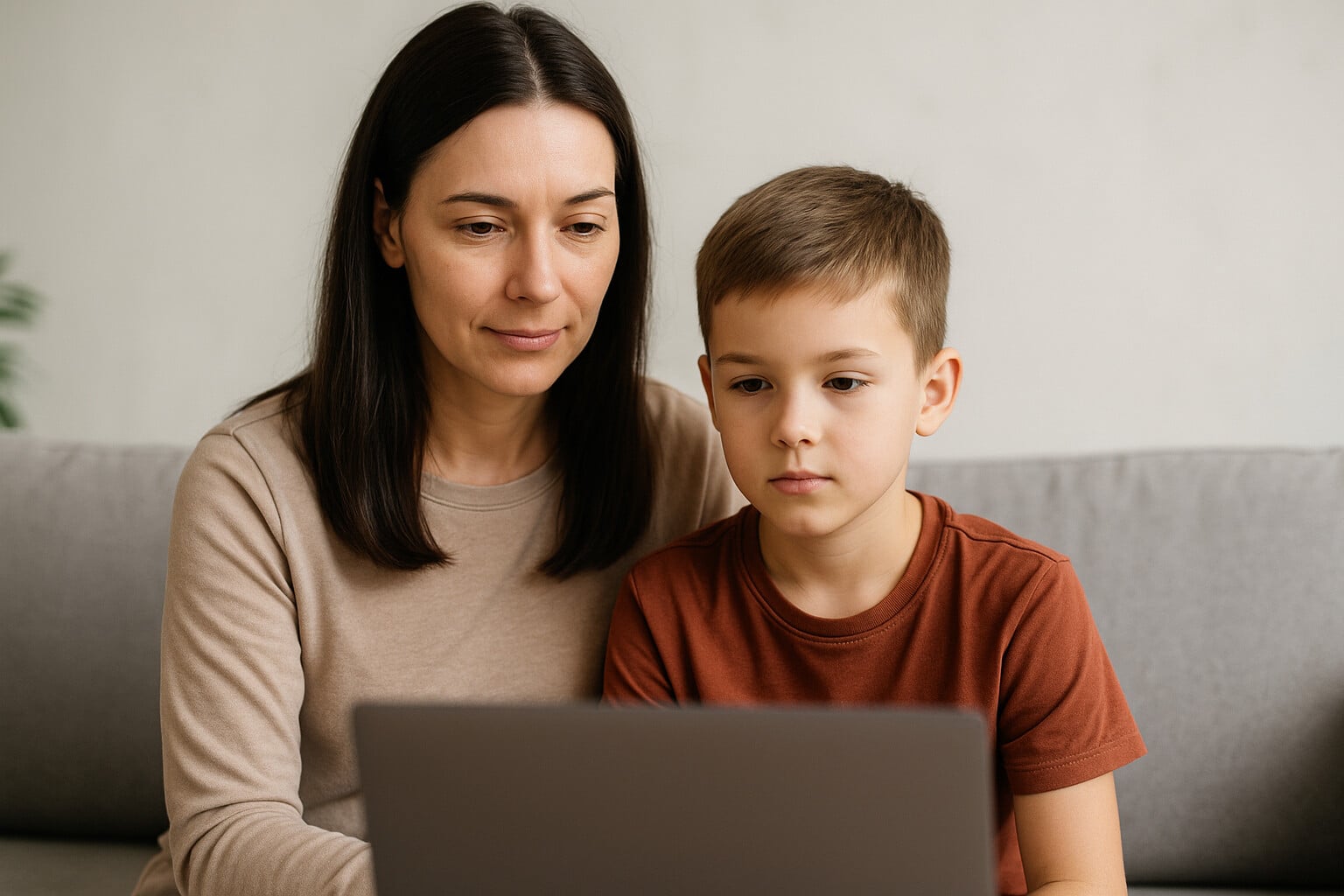 A caring parent sitting beside a young child during an online therapy video call with a PsychiCare child psychologist in a warm, calm home environment.