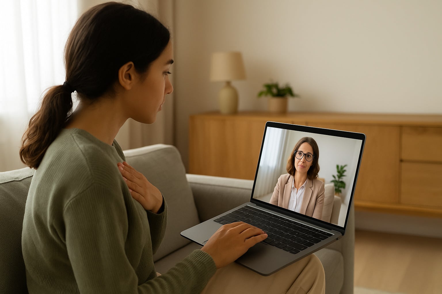 A woman attending an online therapy session for dissociative disorder with a trauma-informed PsychiCare therapist, sitting in a calm home setting during a video call.