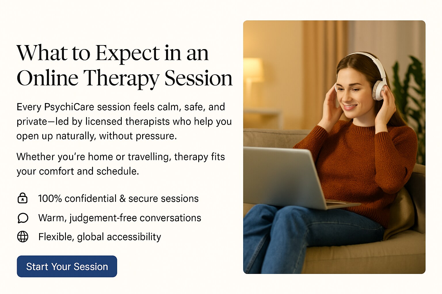 Client attending an online therapy session with a PsychiCare therapist in a calm and private home setting