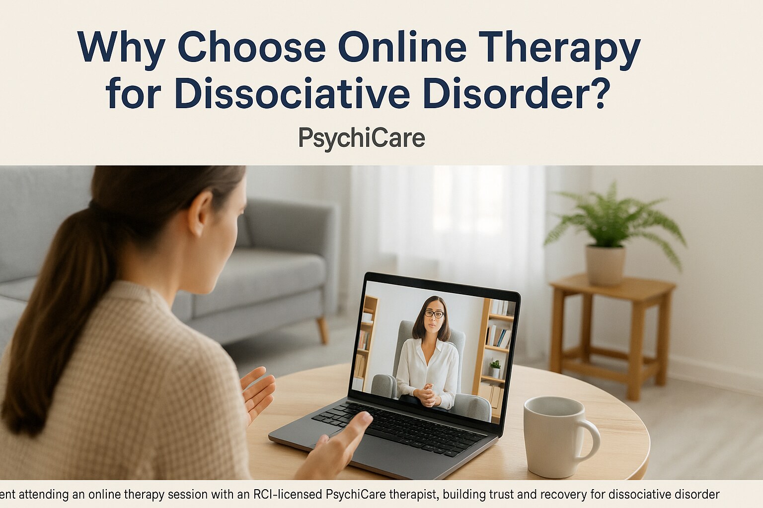 Client attending an online therapy session with an RCI-licensed PsychiCare therapist, building trust and recovery for dissociative disorder