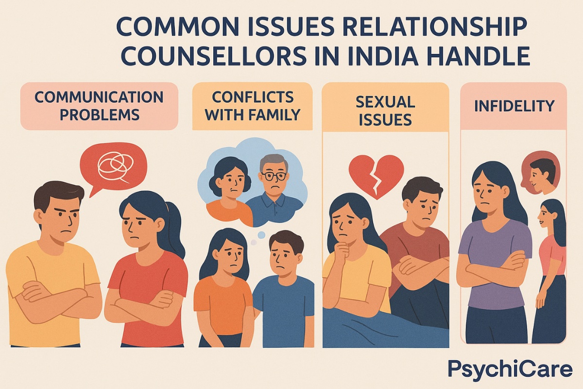 Illustration showing common issues relationship counsellors in India handle, including communication problems, family conflicts, sexual issues, and infidelity, with PsychiCare branding.