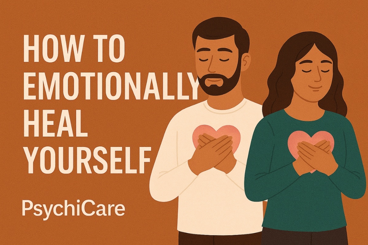 Feature image with text “How To Emotionally Heal Yourself?” showing a man and woman holding glowing hearts on their chest, symbolizing healing, PsychiCare branding.