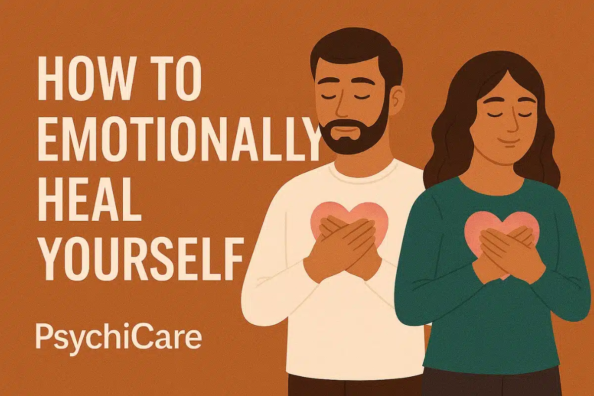 Feature image with text “How To Emotionally Heal Yourself?” showing a man and woman holding glowing hearts on their chest, symbolizing healing, PsychiCare branding.
