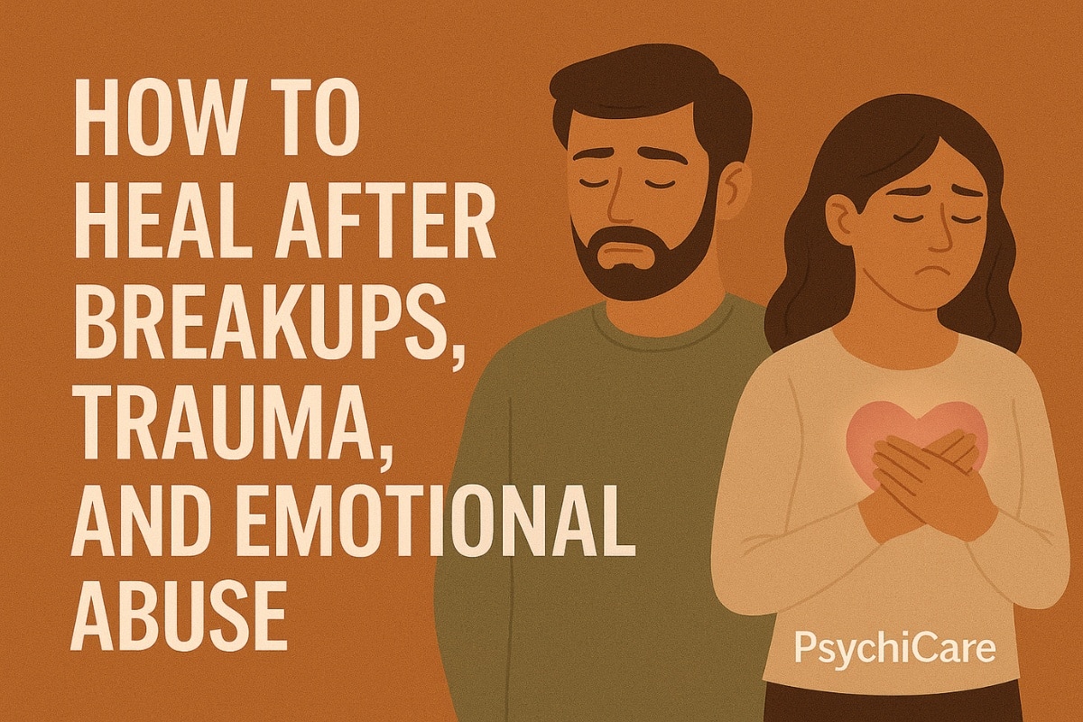 How To Heal After Breakups Trauma and Emotional Abuse PsychiCare Feature image with text “How To Heal After Breakups, Trauma, and Emotional Abuse” showing a sad man and woman with healing heart symbol, PsychiCare branding.