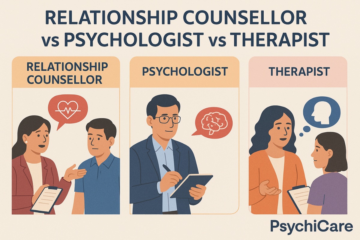 Illustration comparing a relationship counsellor, psychologist, and therapist, showing their different roles in mental health and relationship support, with PsychiCare branding.