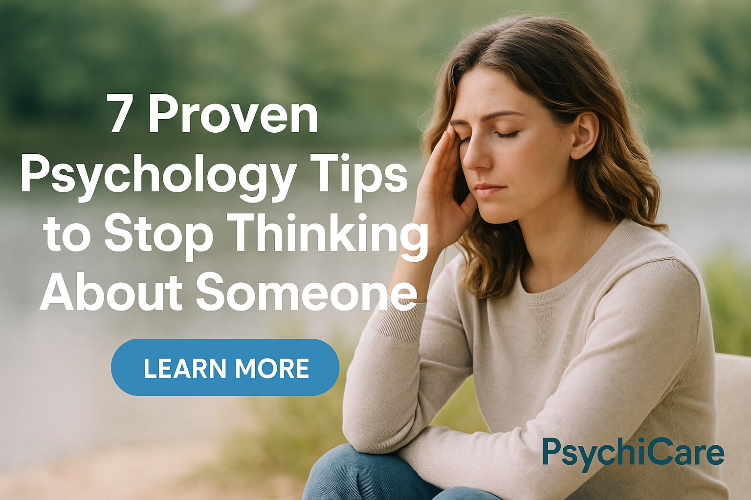 A thoughtful young woman sitting calmly outdoors by the water, with text reading “7 Proven Psychology Tips to Stop Thinking About Someone,” a Learn More button, and the PsychiCare brand.