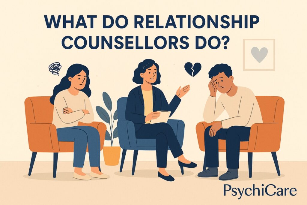 Illustration of a relationship counsellor guiding a couple during therapy session with PsychiCare branding.