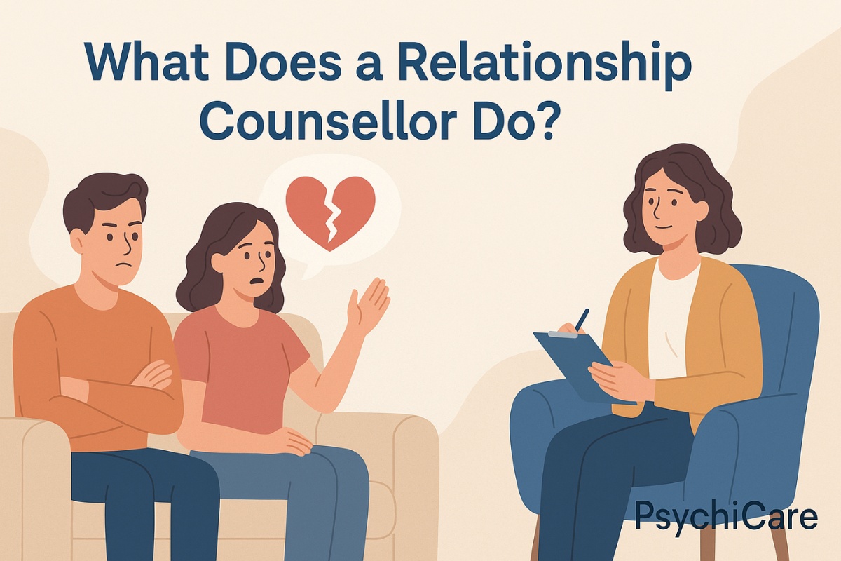 Illustration of a relationship counsellor guiding a couple during therapy session with PsychiCare branding.