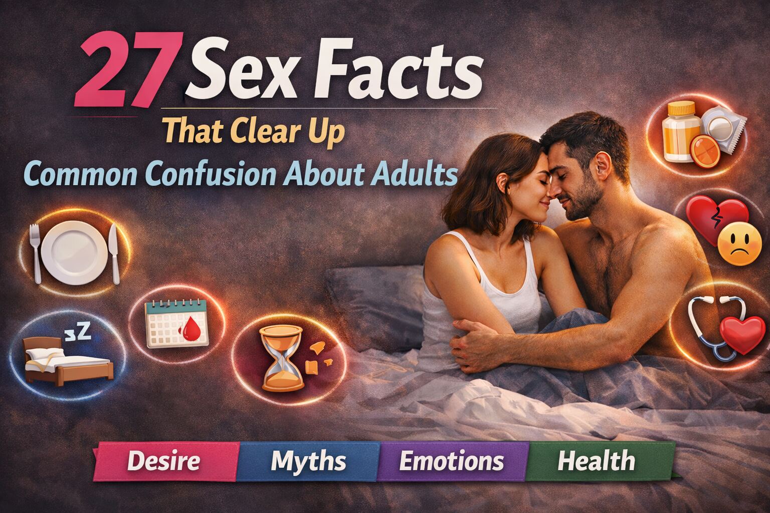 showing an adult couple with icons representing common sex facts, physical reactions, periods, hygiene myths, emotions, and sexual health topics