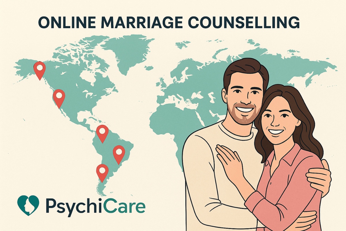 Illustration of a smiling couple next to a world map with location pins on English-speaking countries, promoting PsychiCare’s global online marriage counselling services.