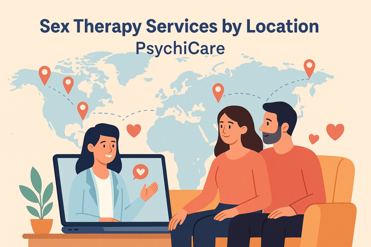 A couple receiving virtual sex therapy from an online psychologist, with a global map and location pins in the background representing international access