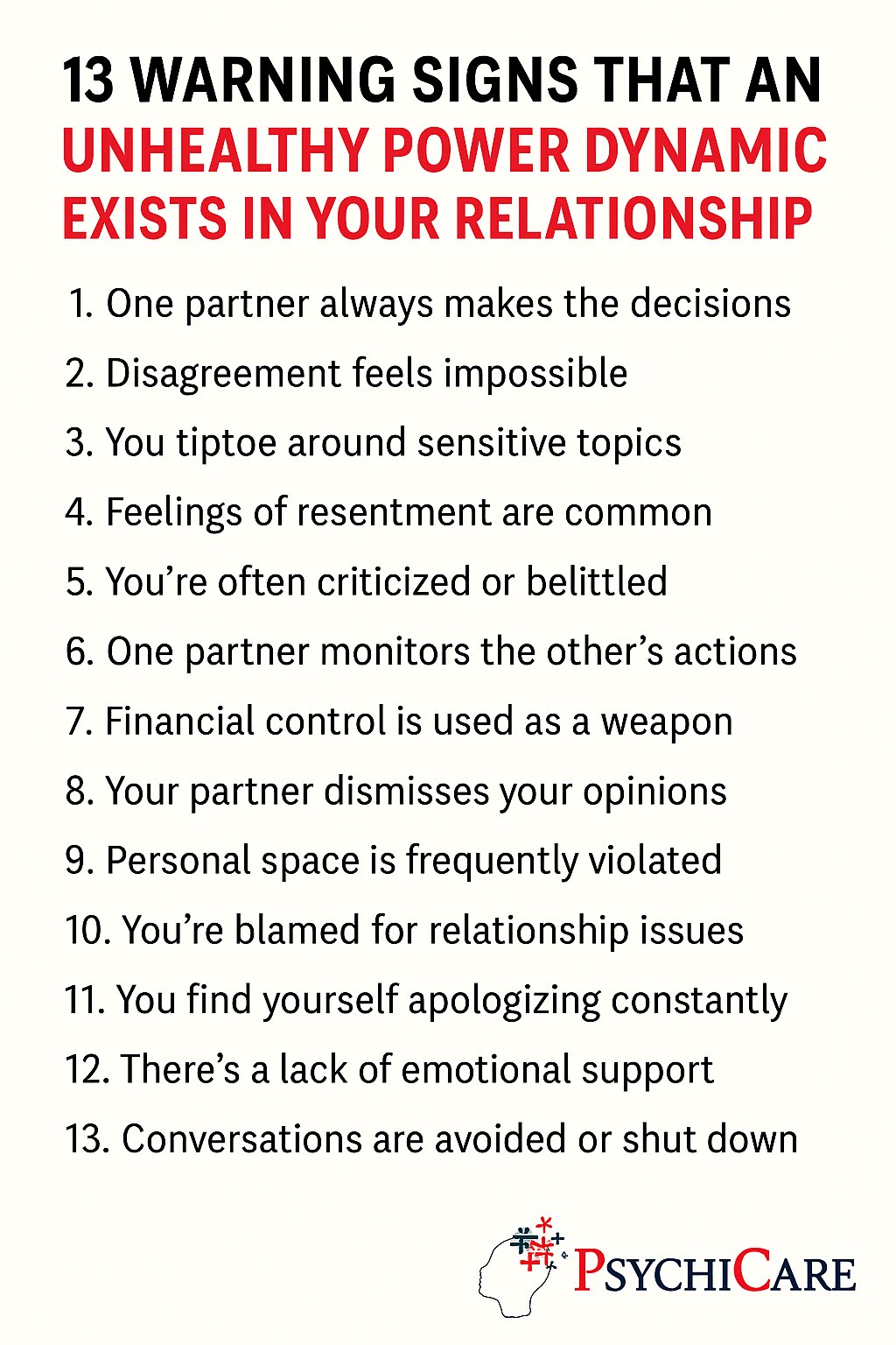 Infographic listing 13 warning signs of unhealthy power dynamics in relationships, highlighting key issues like control, manipulation, and emotional imbalance.