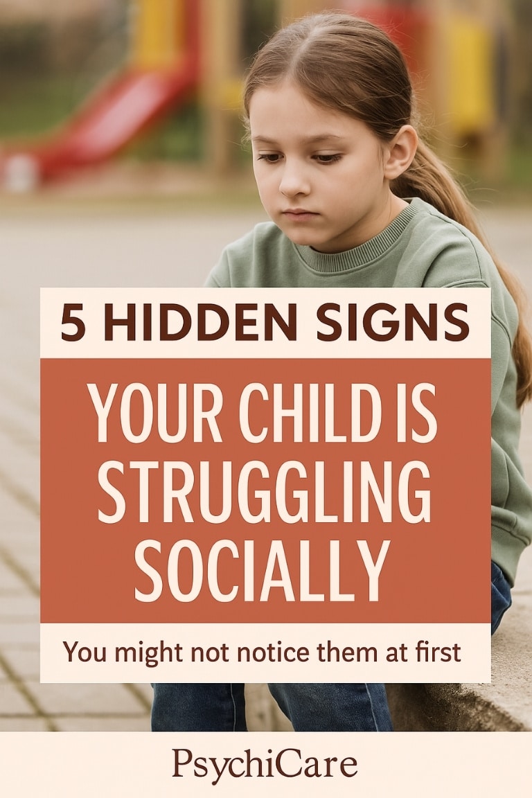 showing a young child sitting alone near a playground with overlaid text reading '5 Hidden Signs Your Child Is Struggling Socially' and PsychiCare branding