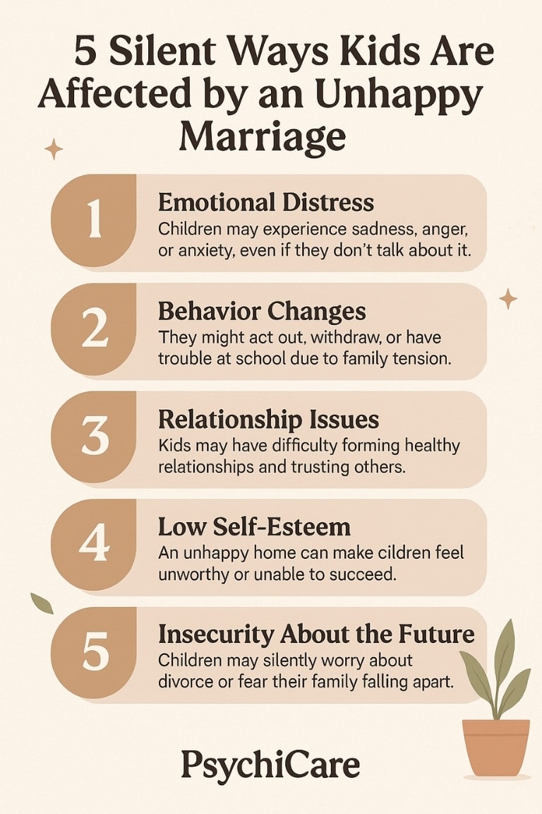 Infographic showing 5 silent ways kids are affected by an unhappy marriage, including emotional distress, behavior changes, and low self-esteem – by PsychiCare