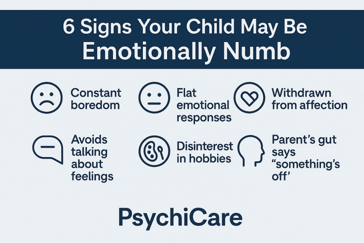 Infographic listing 6 signs of emotional numbness in kids, including constant boredom, flat emotional responses, and withdrawal from affection