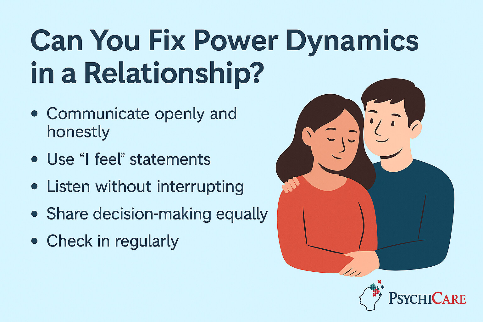Infographic with tips on fixing power dynamics in relationships, including strategies to foster balance, respect, and healthier communication between partners.