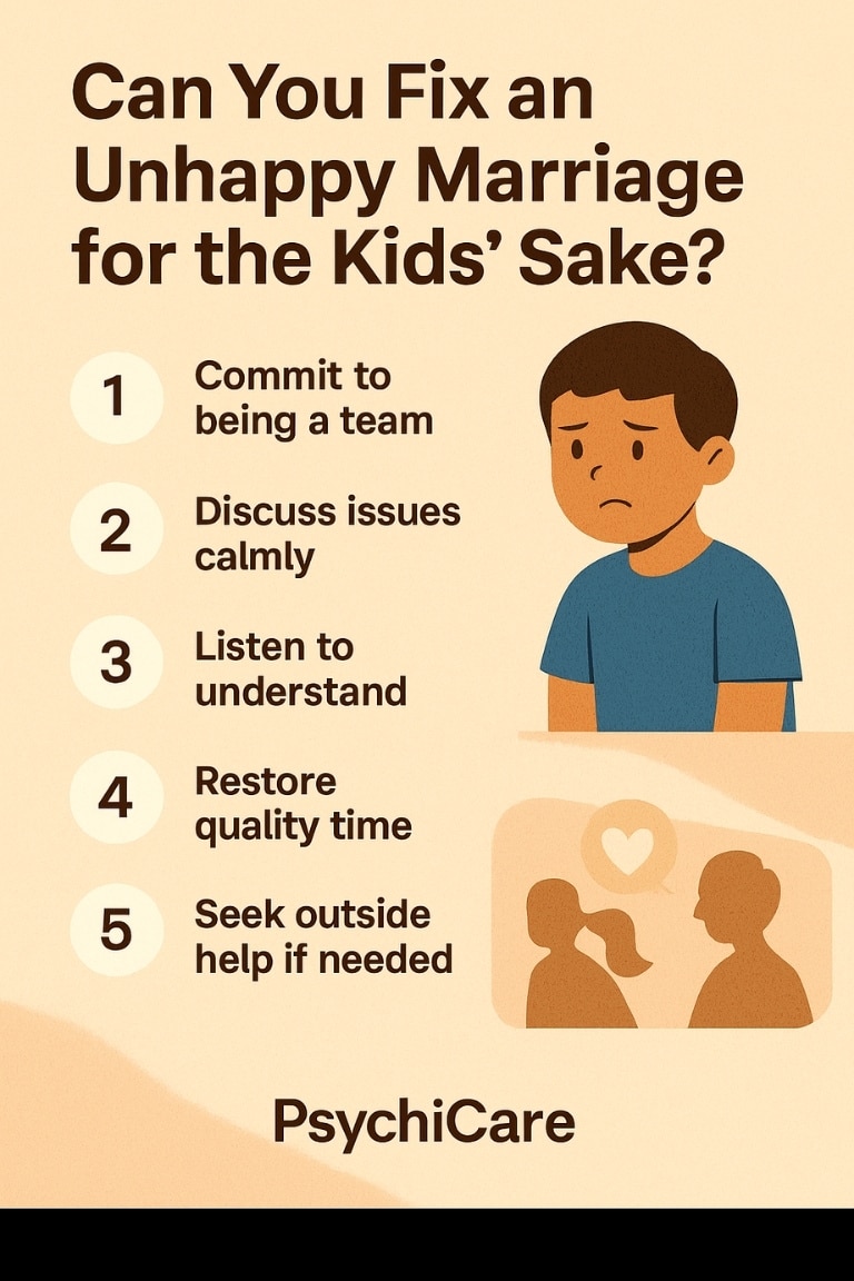 Infographic showing 5 ways to fix an unhappy marriage for the kids’ sake, including teamwork, calm discussion, listening, restoring quality time, and seeking help – PsychiCare