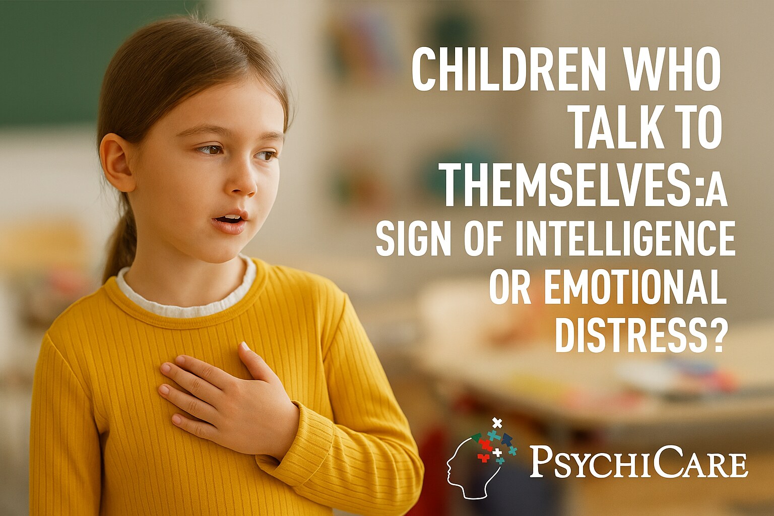 A young girl in a classroom places her hand on her chest while talking to herself, illustrating the theme of childhood self-talk with PsychiCare branding.