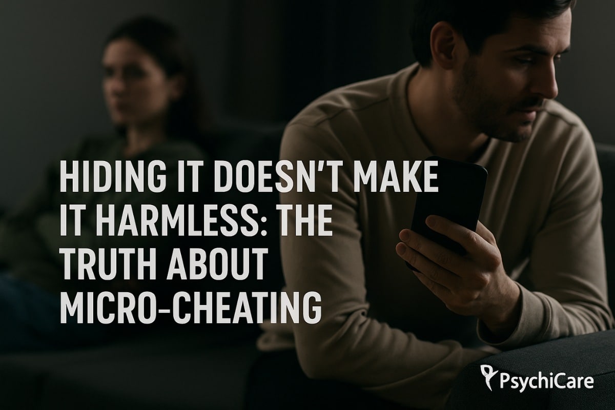 A person subtly hiding their phone while sitting beside their partner, with overlaid text reading 'Hiding It Doesn’t Make It Harmless: The Truth About Micro-Cheating' and PsychiCare branding 