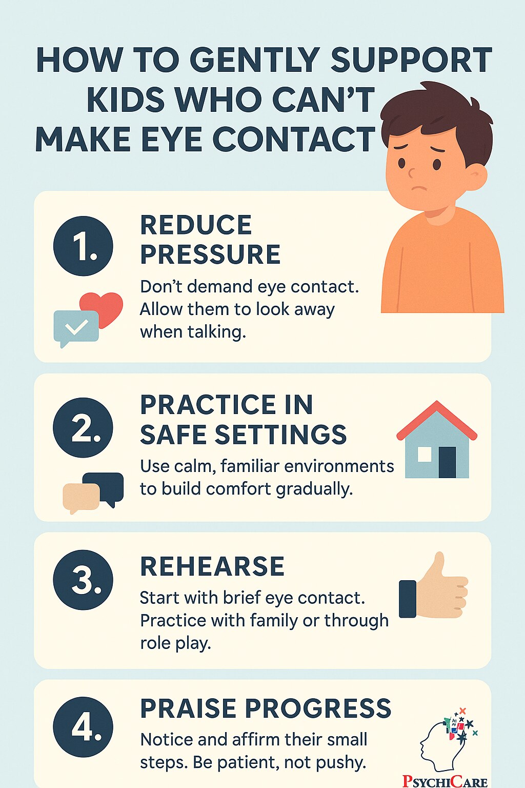 PsychiCare infographic showing four gentle strategies to support children who avoid eye contact: reduce pressure, practice in safe settings, rehearse, and praise progress.